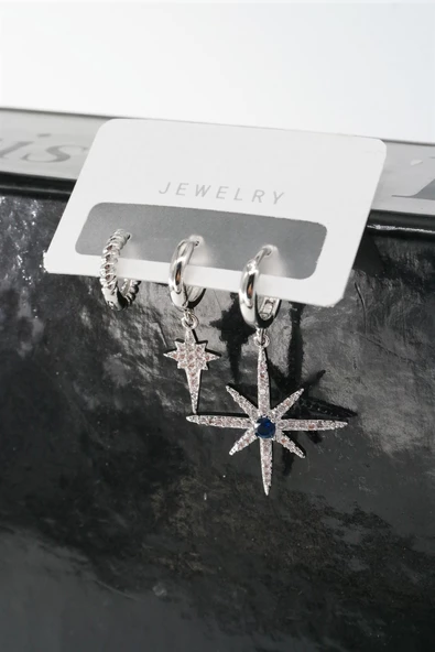 Kadın Vip Seri Zirkon Taşlı Kuzey Yıldızı Figürlü  3'lü Küpe Set ürün görseli