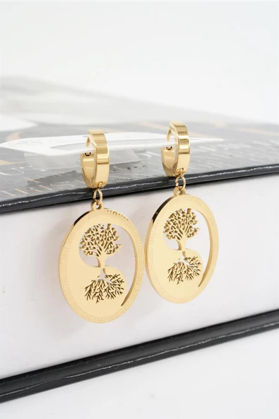 Kadın 316 L Paslanmaz Çelik Hayat Ağacı ve Gölgesi Küpe - Resim 2