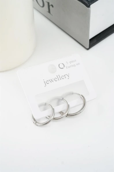 Kadın Kararmaz 316 L Çelik 3'lü Halka Set Küpe - Resim 2