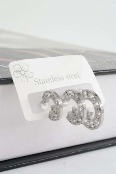 Kadın 316 L Paslanmaz Çelik Yıldız Detaylı Baget Zirkon Taşlı 3 Boy Küpe Seti ürün görseli