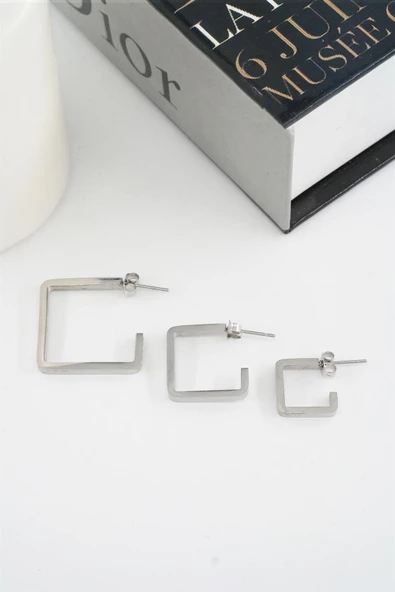 Kadın 316 L Paslanmaz Çelik Geometrik 3 Boy Küpe Seti