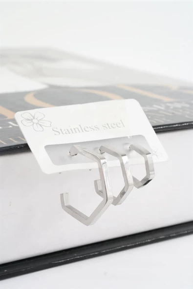 Kadın 316 L Paslanmaz Çelik Geometrik 3 Boy Küpe Seti ürün görseli