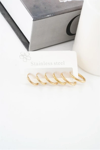 Kadın Kararmaz 316 L Çelik 6'lı Halka Set Küpe - Resim 2