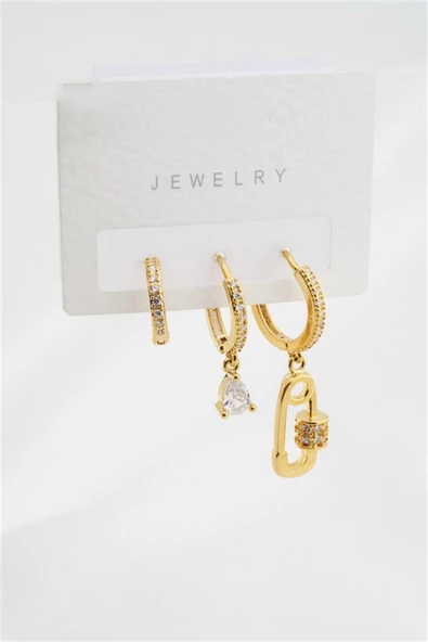 Kadın Altın Kaplama Zirkon Taşlı Çengel İğne Model 3'lü Küpe Set ürün görseli