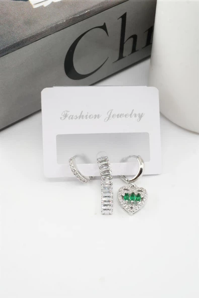 Kadın Vip Seri Zirkon Taşlı Kalp Figürlü ve Su Yolu Model 3'lü Set Küpe ürün görseli