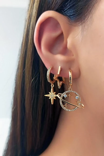 Kadın Vip Seri Zirkon Taşlı Satürn ve Yıldız Figürlü 3'lü Set Küpe ürün görseli