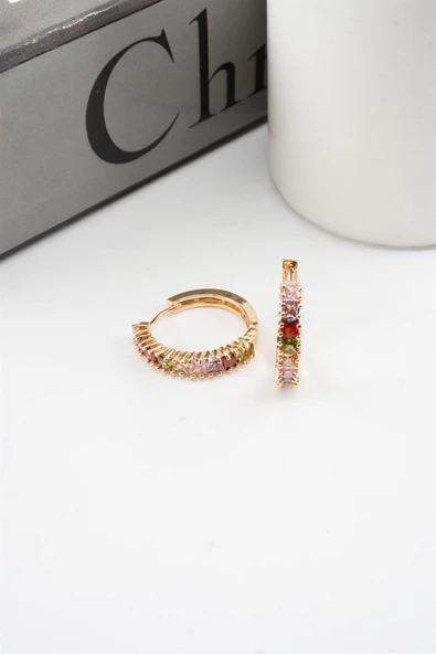 Kadın Vip Seri Baget Renkli Zirkon Taşlı Halka Küpe ürün görseli