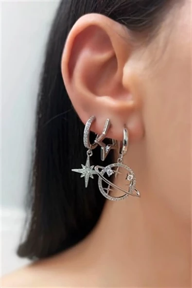 Kadın Vip Seri Zirkon Taşlı Satürn ve Yıldız Figürlü 3'lü Set Küpe ürün görseli