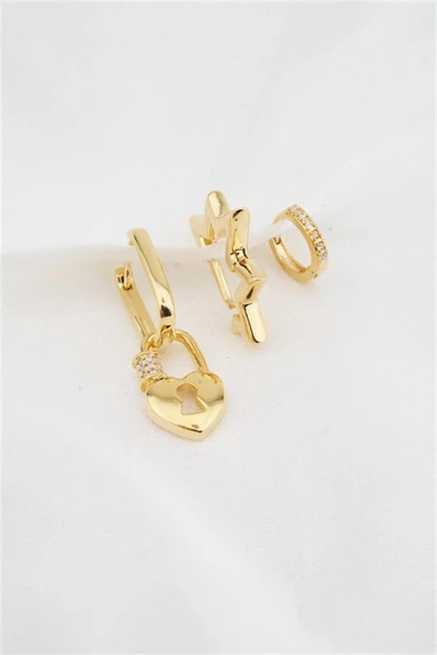 Kadın Altın Kaplama Zirkon Taşlı Yıldız ve Kilit Figürlü 3'lü Küpe Set ürün görseli