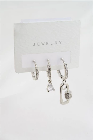 Kadın Altın Kaplama Zirkon Taşlı Çengel İğne Model 3'lü Küpe Set ürün görseli