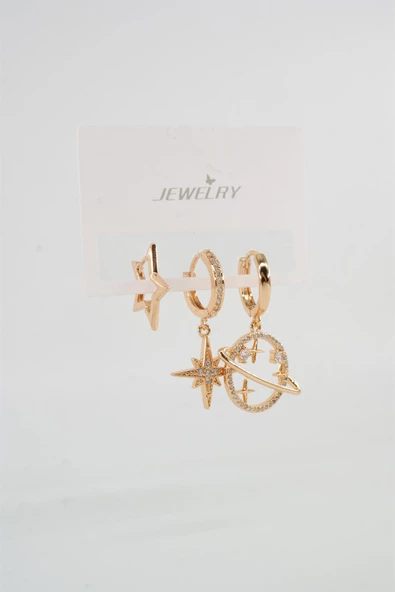 Kadın Vip Seri Zirkon Taşlı Satürn ve Yıldız Figürlü 3'lü Set Küpe - Resim 2