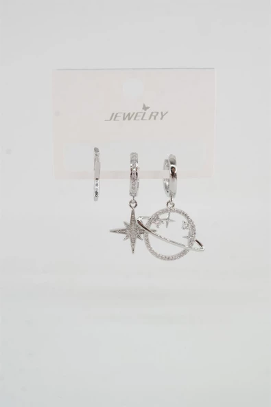 Kadın Vip Seri Zirkon Taşlı Satürn ve Yıldız Figürlü 3'lü Set Küpe - Resim 2