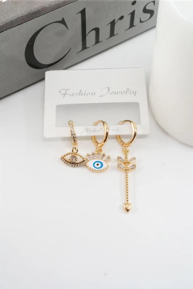 Kadın Vip Seri Zirkon Taşlı Göz Figürlü 3'lü Set Küpe ürün görseli