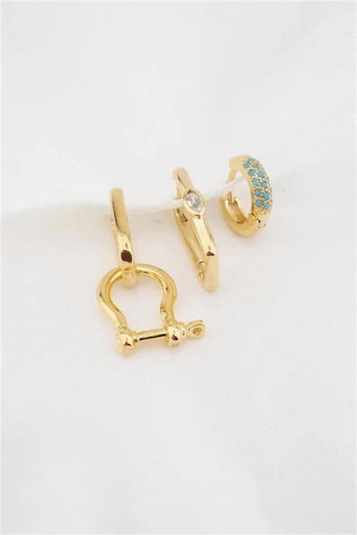 Kadın Altın Kaplama Firuze Zirkon Taşlı 3'lü Küpe Set ürün görseli