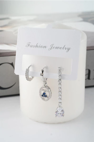 Kadın Vip Seri Baget Zirkon Taşlı Su Yolu Model 3'lü Küpe Seti ürün görseli