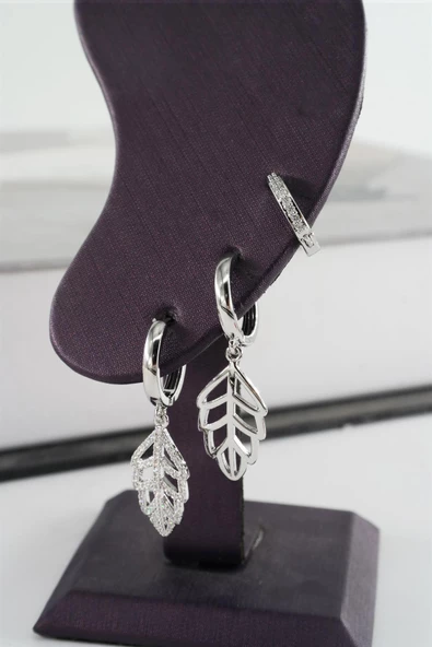 Kadın Vip Seri Zirkon Taşlı Yaprak Model 3'lü Küpe Seti - Resim 3