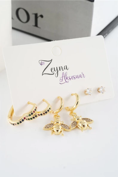 Kadın Vip Seri Mix Zirkon Taşlı Kalp ve Arı Figürlü 6'lı küpe Seti ürün görseli