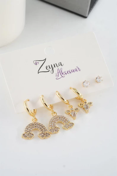 Kadın Vip Seri Baget Zirkon Taşlı  Gökkuşagı Model 6'lı küpe Seti ürün görseli