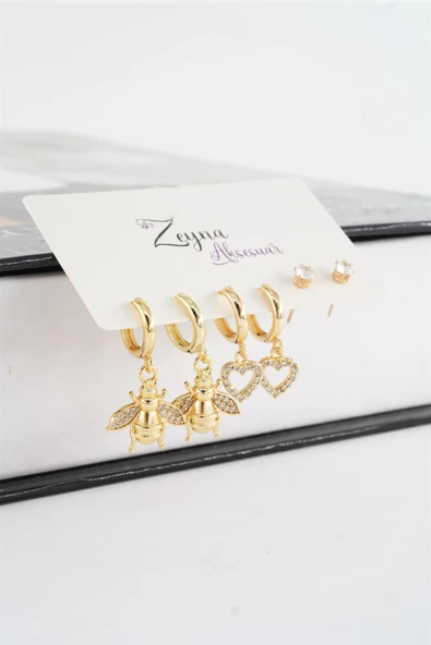 Kadın Vip Seri Zirkon Taşlı Kalp ve Arı Figürlü 6'lı küpe Seti - Resim 2