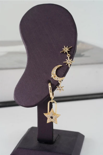 Kadın Vip Seri Zirkon Taşlı Ay ve Yıldız Model 3'lü Küpe Seti - Resim 3