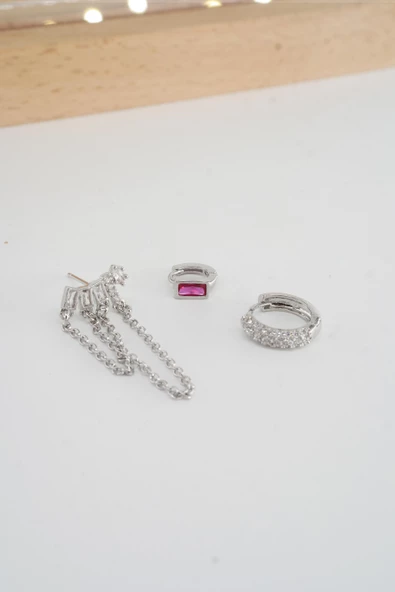 Kadın Vip Seri Baget Zirkon Taşlı Zincirli Model 3'lü Küpe Seti Kırmızı Taşlı Helix Model - Resim 3