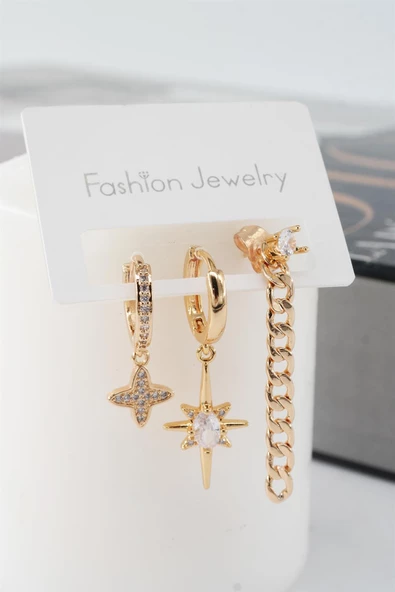 Kadın Vip Seri Zirkon Taşlı Kuzey Yıldız Model 3'lü Küpe Seti ürün görseli