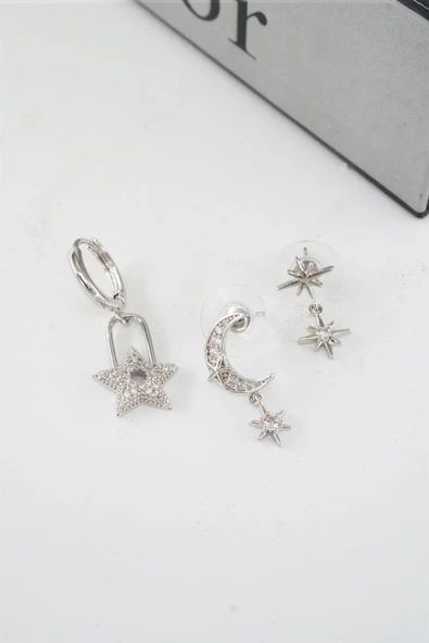 Kadın Vip Seri Zirkon Taşlı Ay ve Yıldız Model 3'lü Küpe Seti - Resim 3