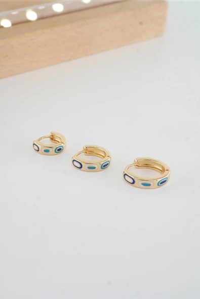 Kadın Vip Seri Mineli Nazar Motifli Helix Uyumlu  3'lü Halka Küpe 1cm 1.5cm ve 2 cm - Resim 3