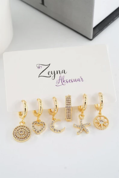 Kadın Vip Seri Zirkon Taşlı Karışık Figürlü 6'lı küpe Seti - Resim 2