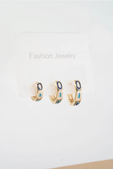 Kadın Vip Seri Mineli Nazar Motifli Helix Uyumlu  3'lü Halka Küpe 1cm 1.5cm ve 2 cm - Resim 2