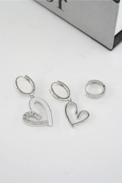 Kadın Vip Seri Zirkon Taşlı Mineli Kalp Model 3'lü Küpe Seti ürün görseli