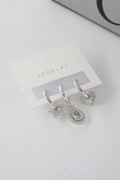 Kadın Vip Seri Kalp ve Yıldız Helix Model 3'lü Küpe Seti - Resim 3