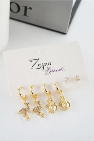 Kadın Vip Seri Zirkon Taşlı Flamingo ve Penguen Figürlü 6'lı küpe Seti ürün görseli