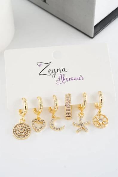 Kadın Vip Seri Zirkon Taşlı Karışık Figürlü 6'lı küpe Seti - Resim 4