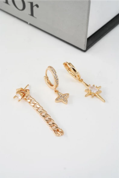 Kadın Vip Seri Zirkon Taşlı Kuzey Yıldız Model 3'lü Küpe Seti - Resim 2