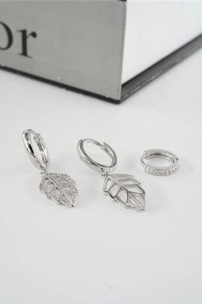 Kadın Vip Seri Zirkon Taşlı Yaprak Model 3'lü Küpe Seti - Resim 4