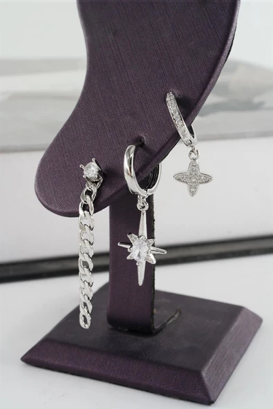 Kadın Vip Seri Zirkon Taşlı Kuzey Yıldız Model 3'lü Küpe Seti - Resim 2