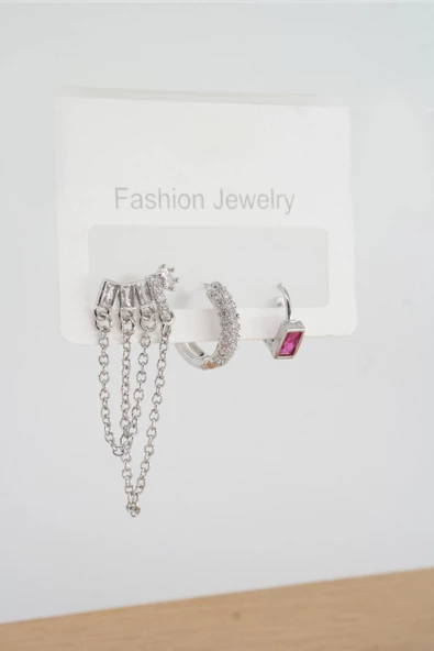 Kadın Vip Seri Baget Zirkon Taşlı Zincirli Model 3'lü Küpe Seti Kırmızı Taşlı Helix Model ürün görseli