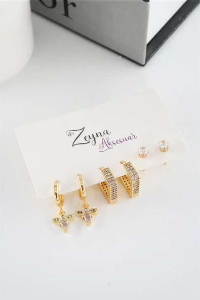 Kadın Vip Seri Baget Zirkon Taşlı  ve Tam Tur Zirkon Taşlı 6'lı küpe Seti - Resim 3