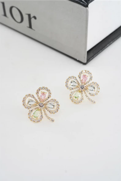 Kadın Vip Seri Baget Zirkon Taşlı Yonca Model Küpe - Resim 2