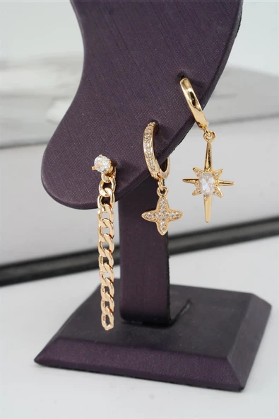 Kadın Vip Seri Zirkon Taşlı Kuzey Yıldız Model 3'lü Küpe Seti - Resim 3