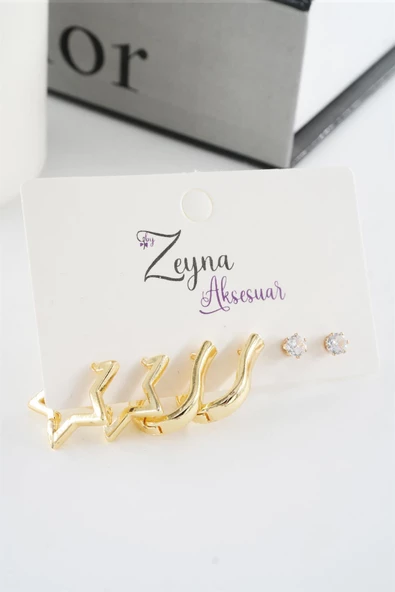 Kadın Vip Seri Zirkon Taşlı Yıldız Figürlü 6'lı küpe Seti - Resim 3