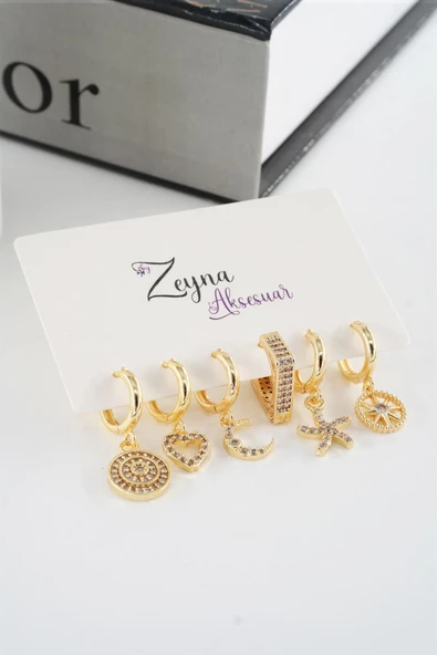 Kadın Vip Seri Zirkon Taşlı Karışık Figürlü 6'lı küpe Seti - Resim 3