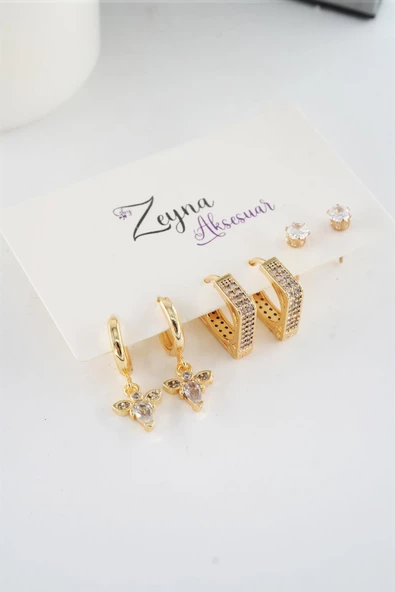 Kadın Vip Seri Baget Zirkon Taşlı  ve Tam Tur Zirkon Taşlı 6'lı küpe Seti ürün görseli