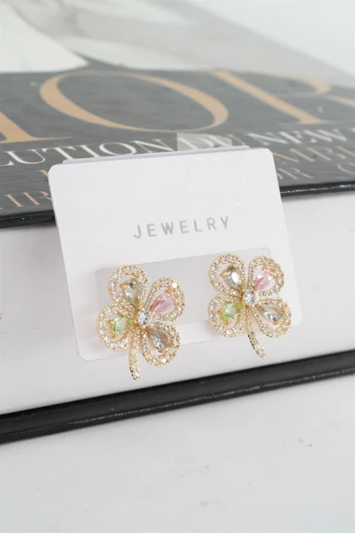 Kadın Vip Seri Baget Zirkon Taşlı Yonca Model Küpe - Resim 3