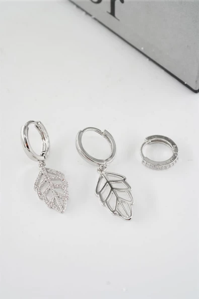 Kadın Vip Seri Zirkon Taşlı Yaprak Model 3'lü Küpe Seti ürün görseli