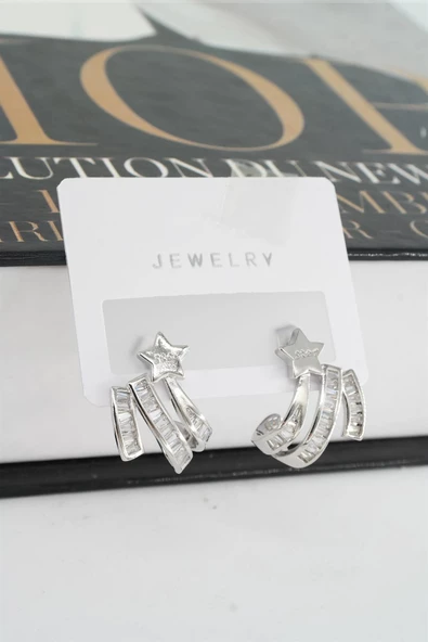 Kadın Vip Seri Baget Zirkon Taşlı Yıldız Model 2'li Küpe Seti - Resim 3