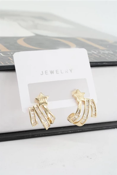 Kadın Vip Seri Baget Zirkon Taşlı Yıldız Model 2'li Küpe Seti - Resim 2