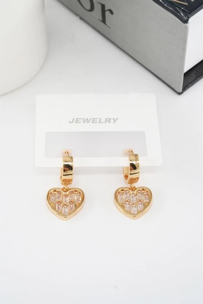 Kadın Vip Seri Baget Zirkon Taşlı Sallantılı Kalp Model Klipsli 2'li Set Küpe - Resim 4