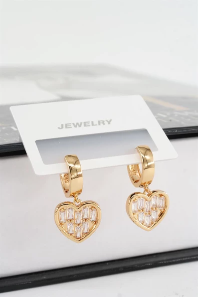 Kadın Vip Seri Baget Zirkon Taşlı Sallantılı Kalp Model Klipsli 2'li Set Küpe - Resim 3